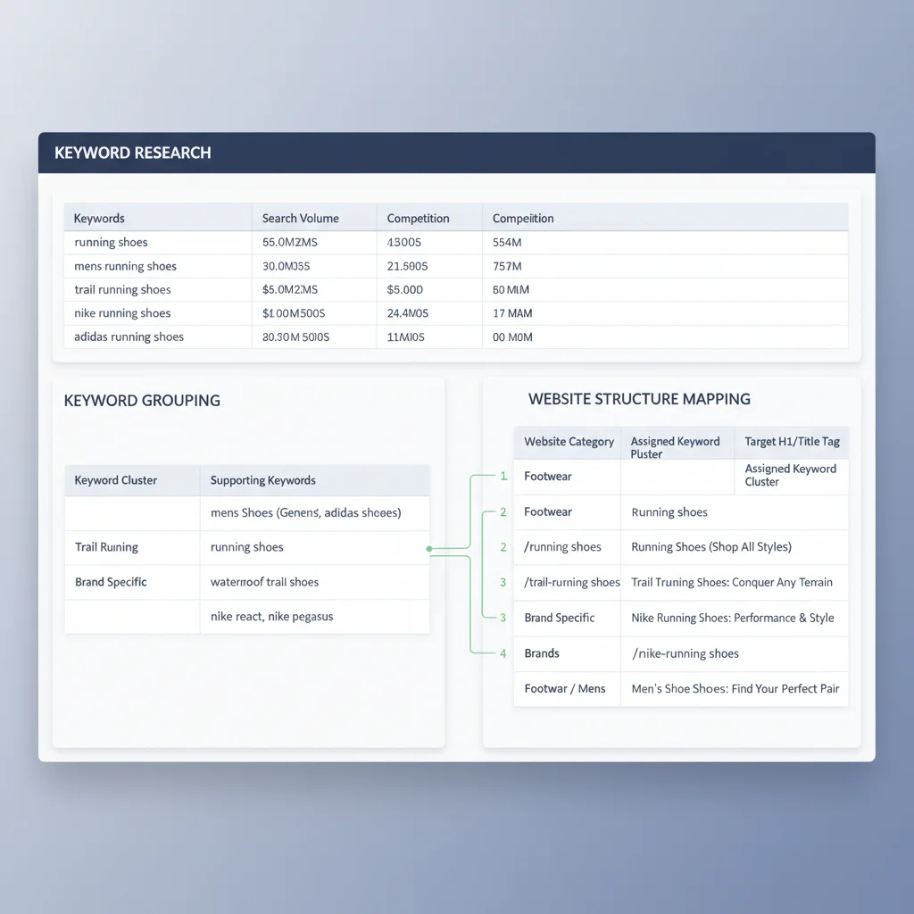 Keyword mapping spreadsheet showing grouped keywords assigned to different website pages