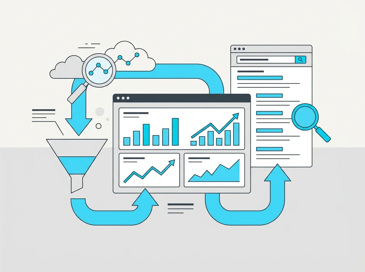 SEO analytics and measurement illustration showing data dashboards and metrics