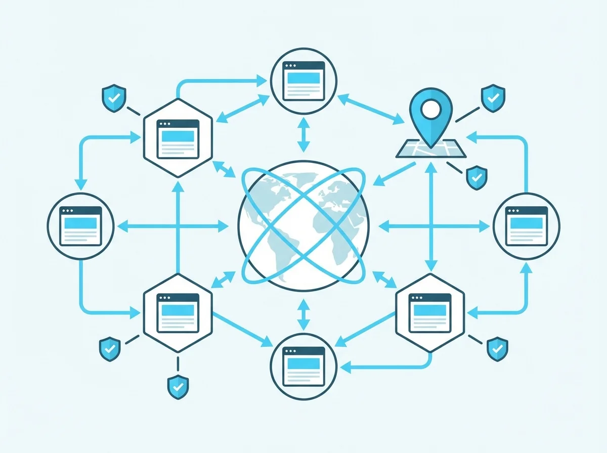 Off-page SEO illustration showing link building and authority signals