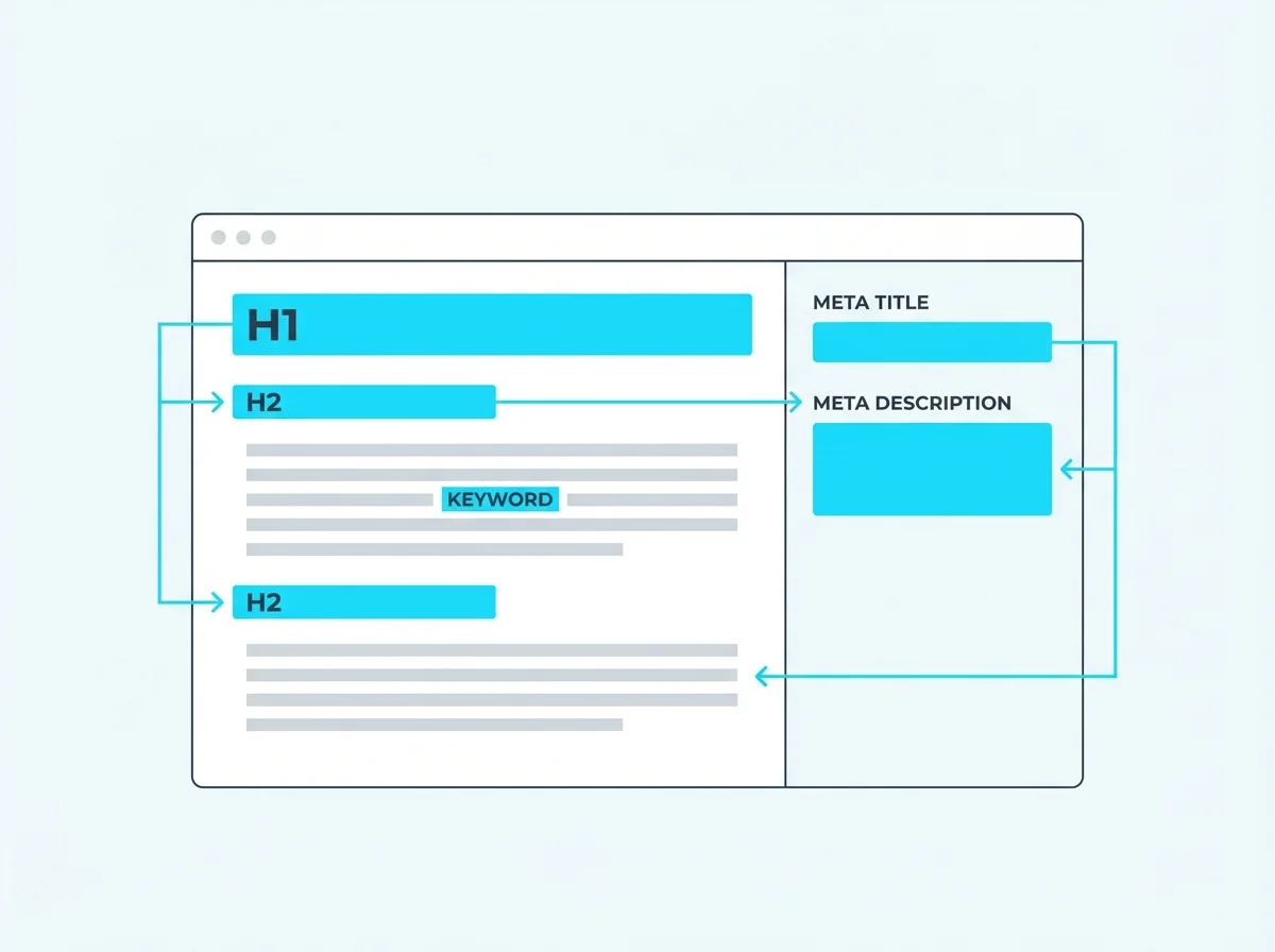 On-page SEO concepts illustration showing content optimisation elements