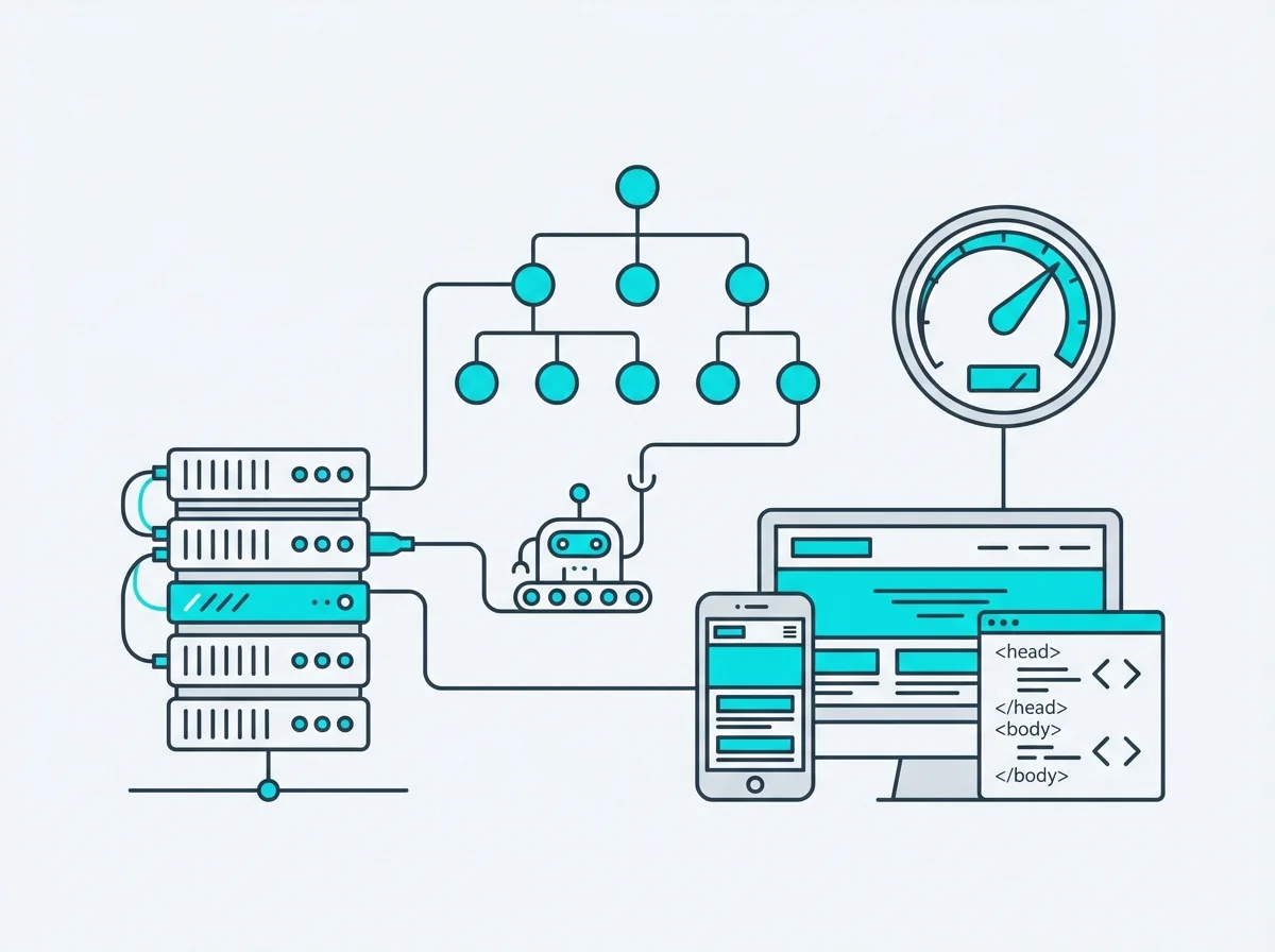 Technical SEO illustration showing crawling, indexing and site performance