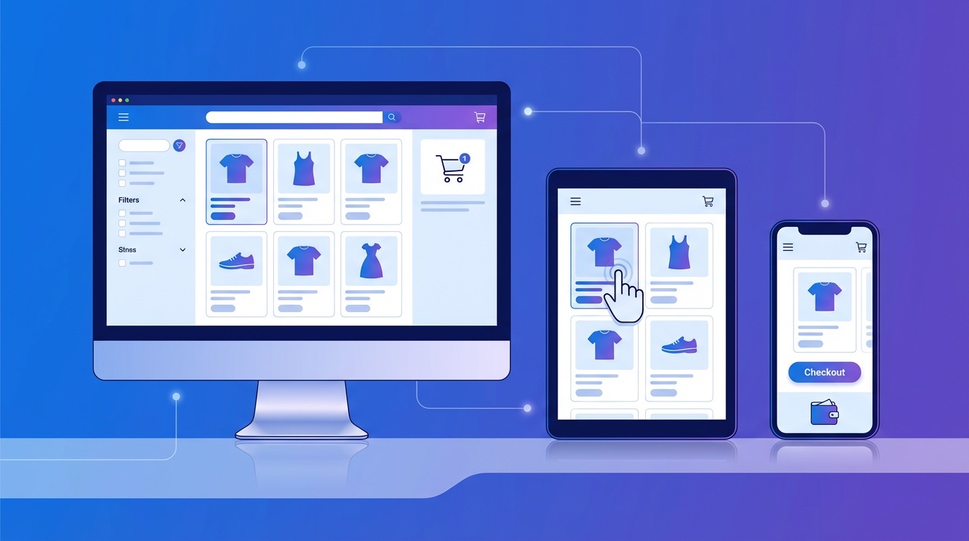 Responsive eCommerce website displayed across mobile phone tablet and desktop devices