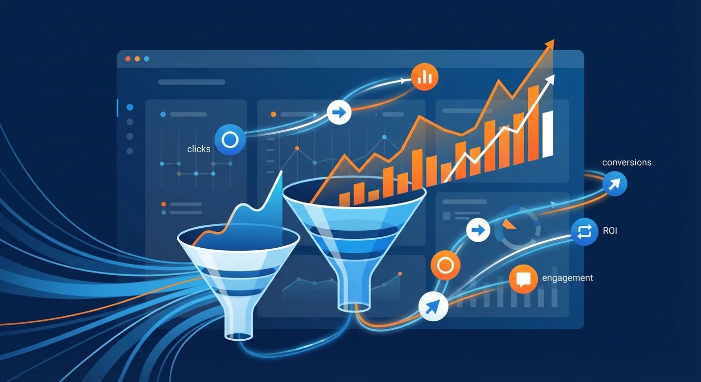 Digital advertising analytics and campaign measurement visualization with conversion funnels and performance metrics