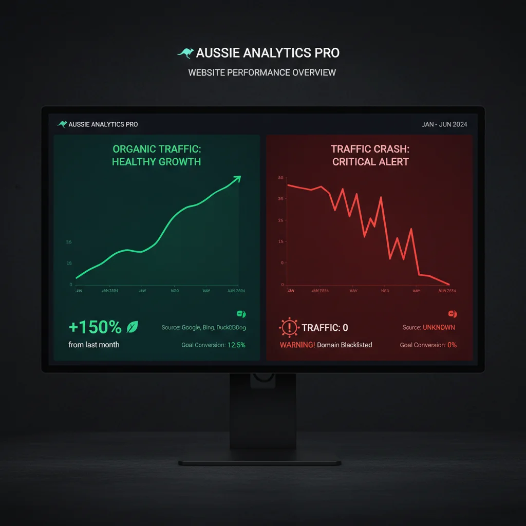 Analytics dashboard showing dramatic drop from healthy organic traffic to complete zero traffic loss