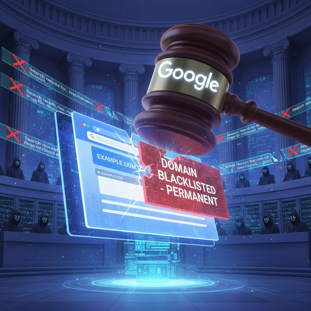 Conceptual representation of permanent Google domain blacklisting as digital death penalty