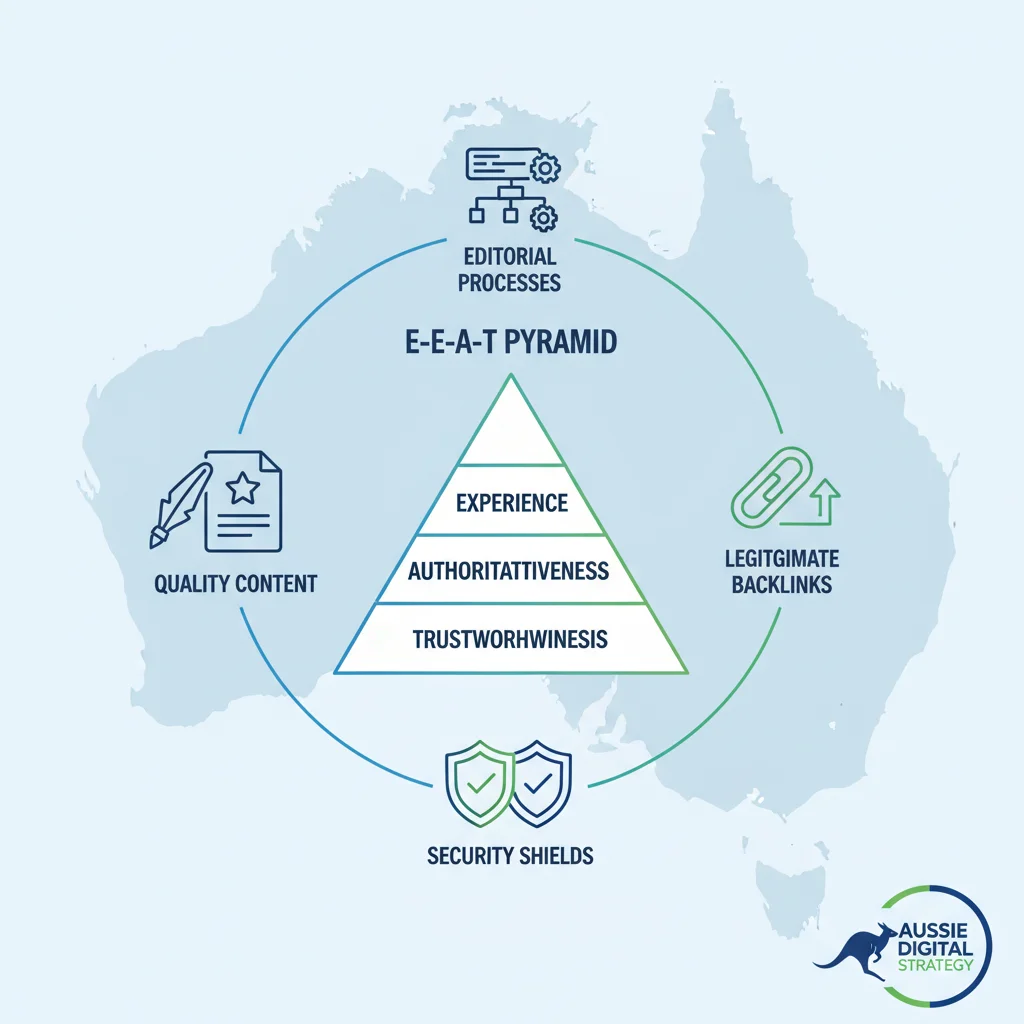 White-hat SEO foundation diagram showing E-E-A-T framework and quality signals