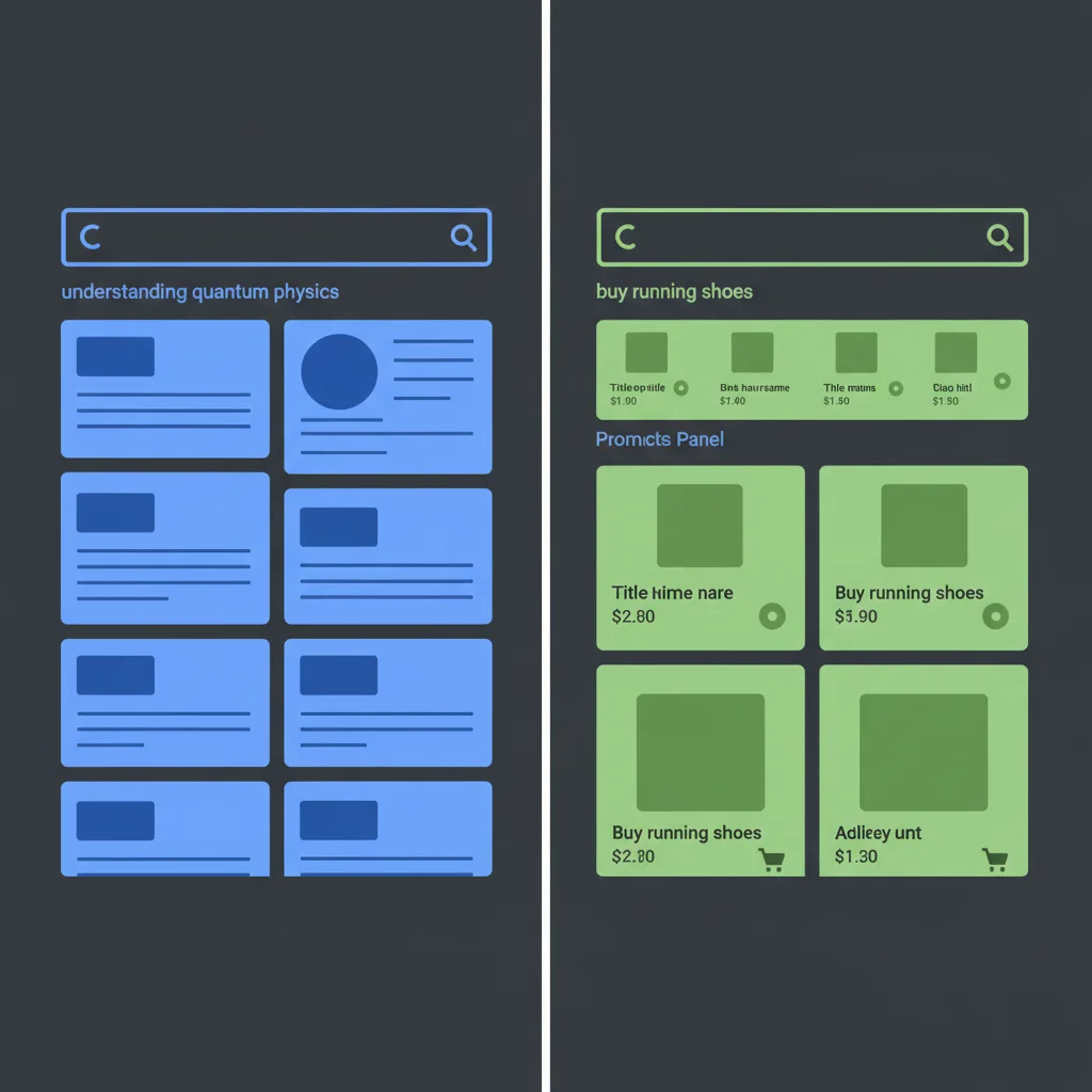 Google search results comparison showing informational vs transactional intent
