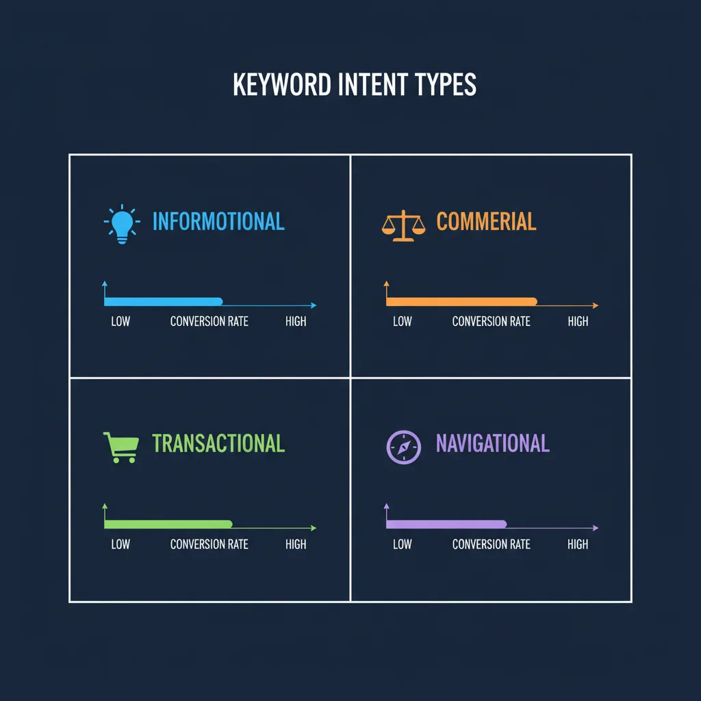 Keyword intent types infographic showing informational, commercial, transactional and navigational with conversion rates