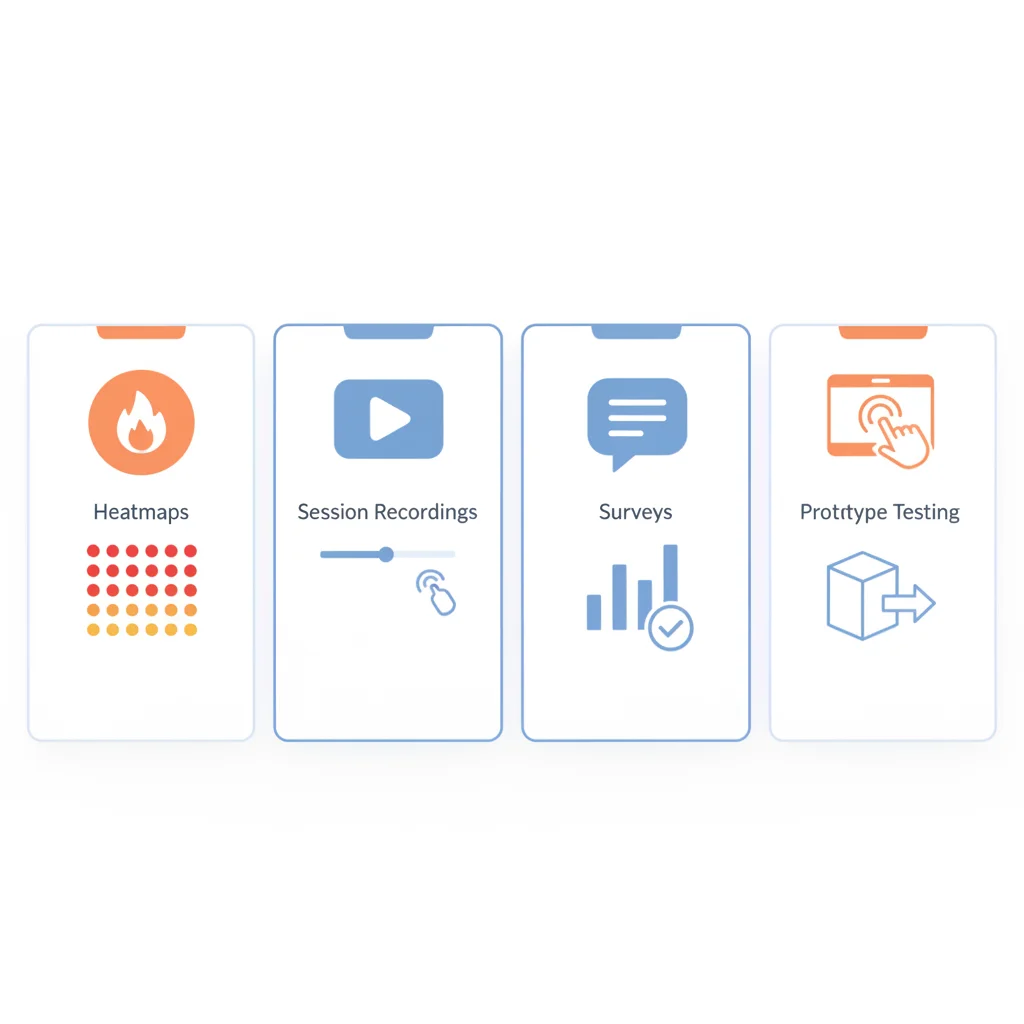 Comparison dashboard of user testing tool features including heatmaps, recordings, and surveys