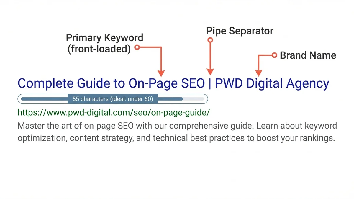 Annotated example of a well-optimised title tag in a Google search result showing keyword placement, character count, and brand name positioning