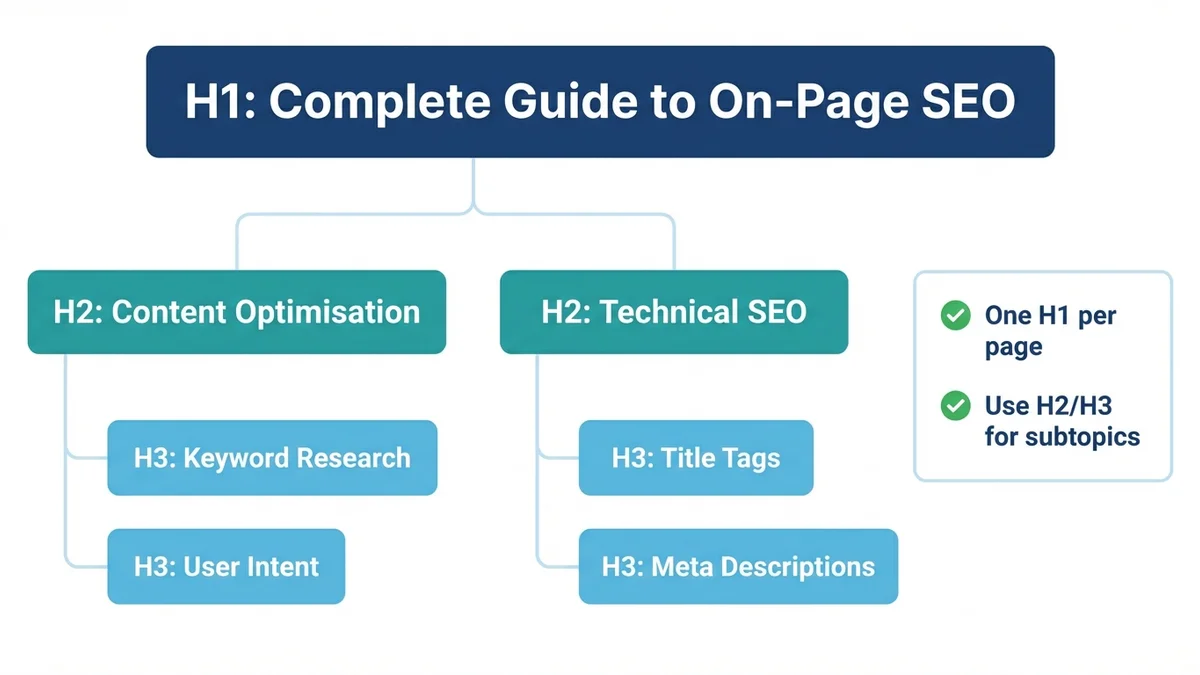 Header tag hierarchy diagram showing proper H1, H2, and H3 nesting structure for SEO-optimised content