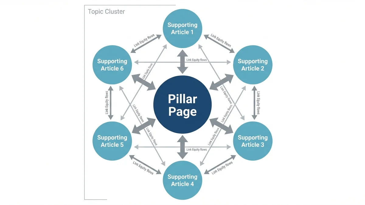 Hub-and-spoke internal linking diagram showing how a pillar page connects to supporting content pages to distribute link equity