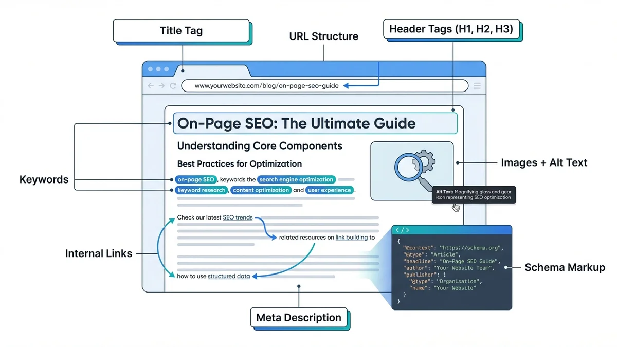 Diagram showing core on-page SEO elements including title tags, meta descriptions, headers, content, images, and internal links arranged around a webpage wireframe