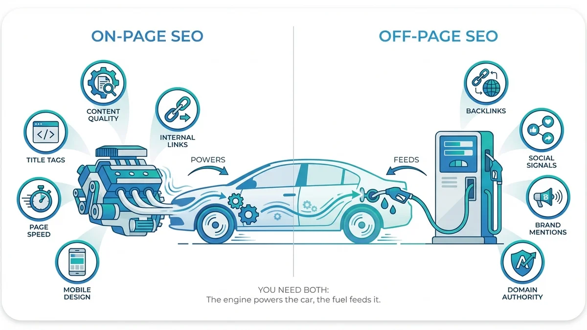 Visual comparison of on-page SEO factors like content and technical optimisation versus off-page SEO factors like backlinks and social signals