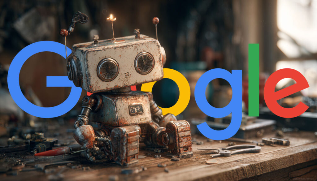 A weathered tin robot tinkering at a workbench overlaid on the Google logo, illustrating that imperfect SEO still works