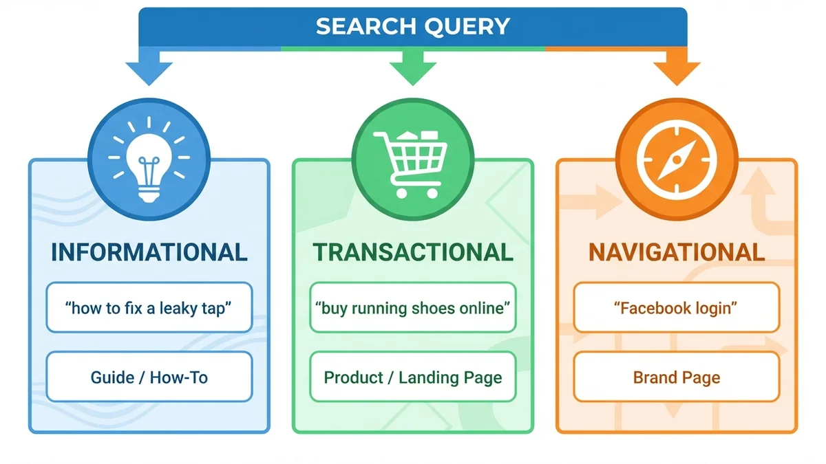 Search intent diagram showing three types: informational, transactional, and navigational with example queries and matching content formats