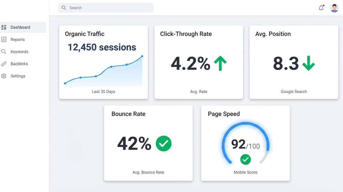 SEO metrics dashboard showing key performance indicators including organic traffic, click-through rate, bounce rate, average position, and page speed score