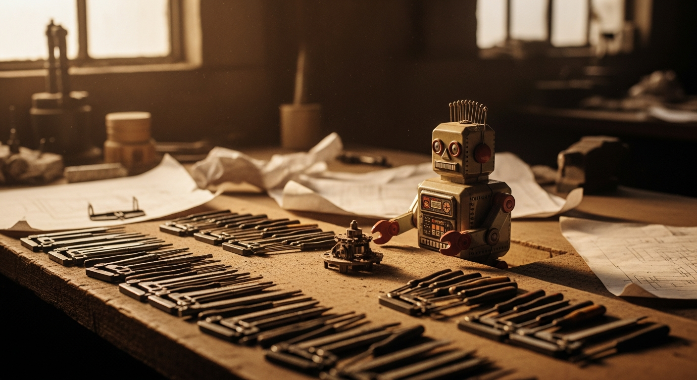 A small rusted vintage tin robot frozen motionless at a workshop bench surrounded by dozens of obsessively arranged identical tools, with a single half-finished tiny mechanism untouched in front of it, illustrating perfectionist paralysis