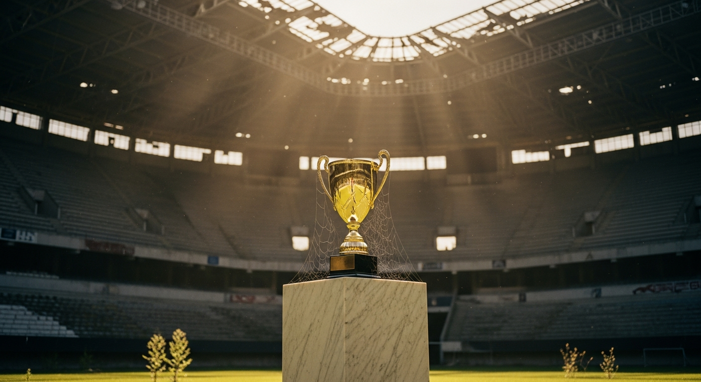 A pristine gold trophy on a marble podium in the centre of an empty abandoned sports stadium with shafts of light, illustrating that perfection nobody sees is worthless