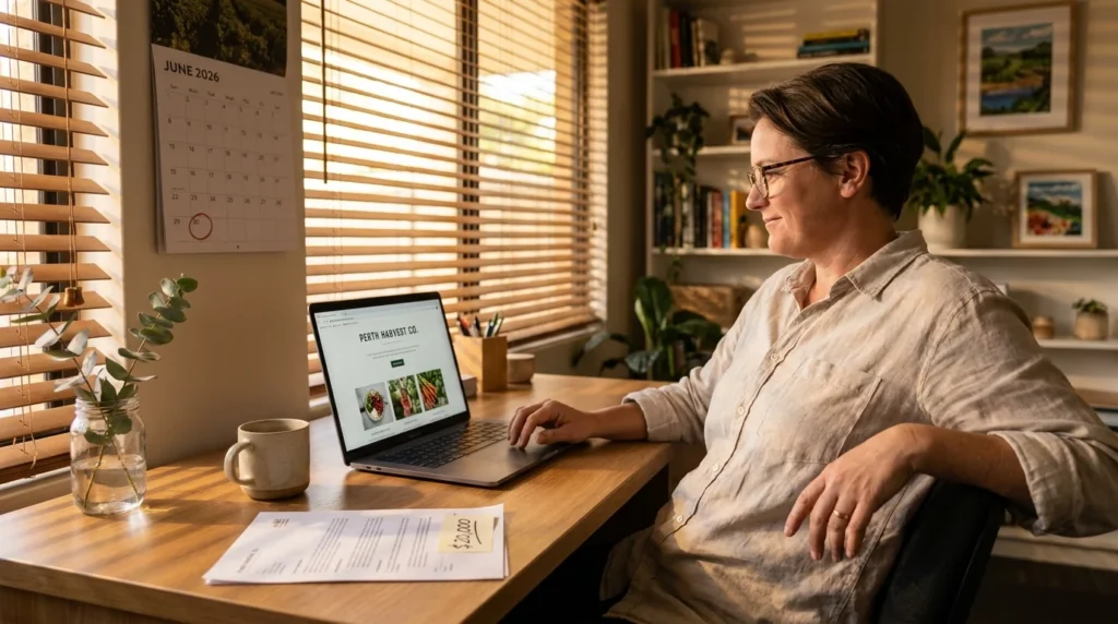 Australian small business owner looking at a freshly launched website on a laptop next to a June 2026 calendar with 30 June circled, illustrating the EOFY instant asset write-off