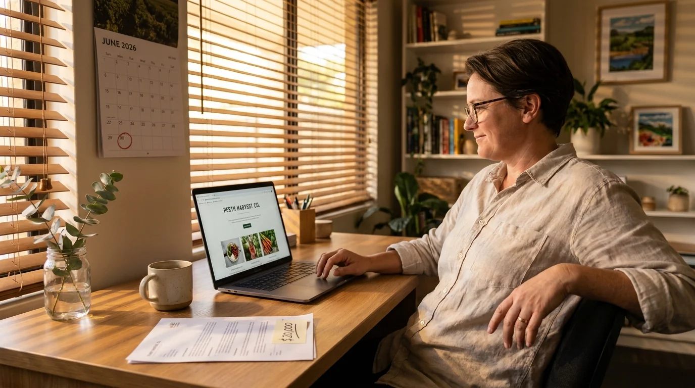 Australian small business owner looking at a freshly launched website on a laptop next to a June 2026 calendar with 30 June circled, illustrating the EOFY instant asset write-off