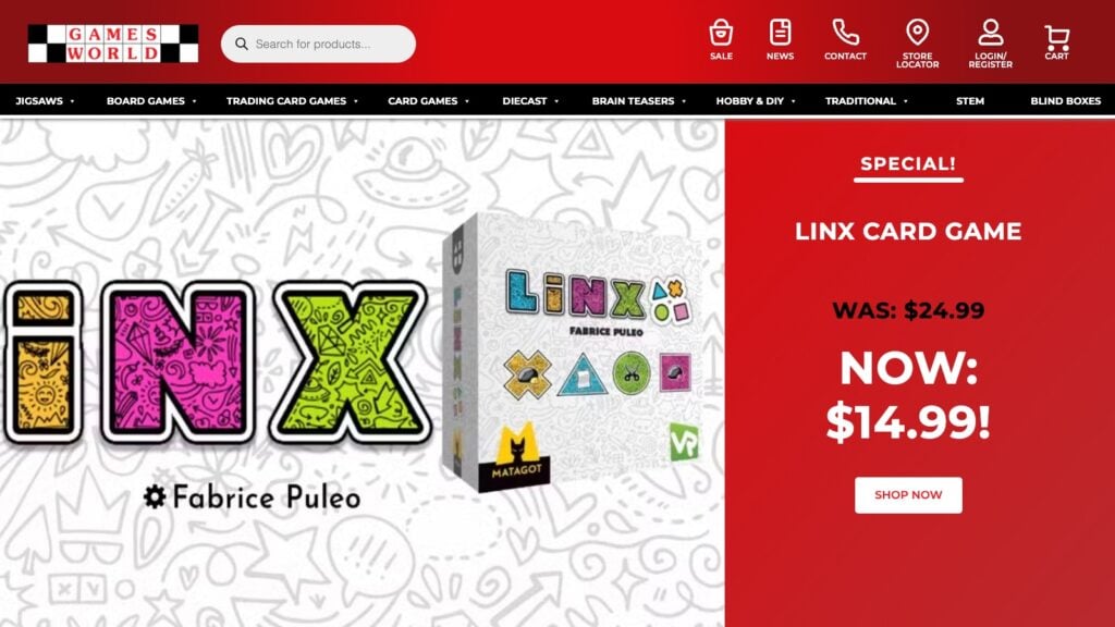 Games World website homepage built by PWD, showing product search, department navigation and a featured promotion