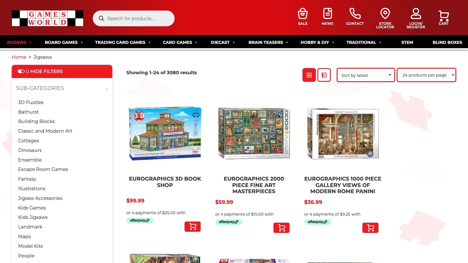 Games World Jigsaws category page with sub-category filters and a product grid of 3,080 puzzles