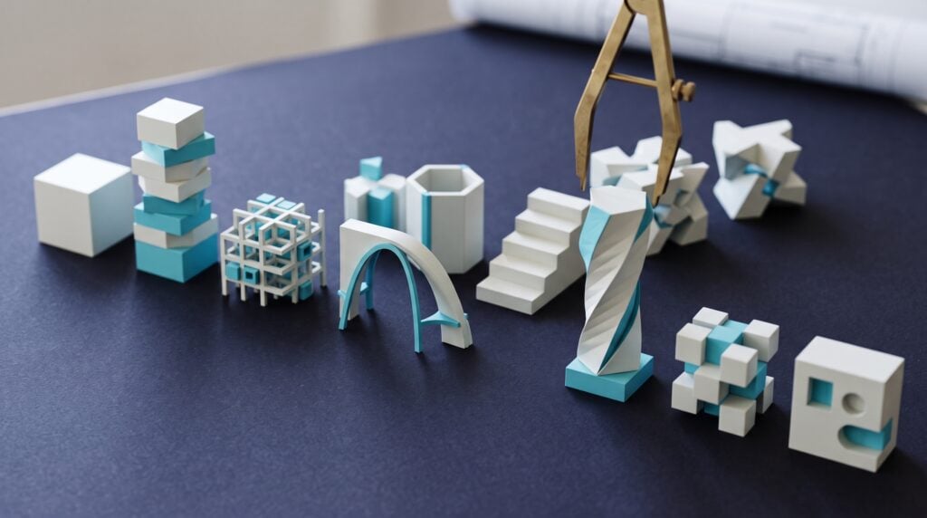 Ten white and cyan architectural blocks of different shapes on a dark indigo drafting table, one lifted by a pair of callipers
