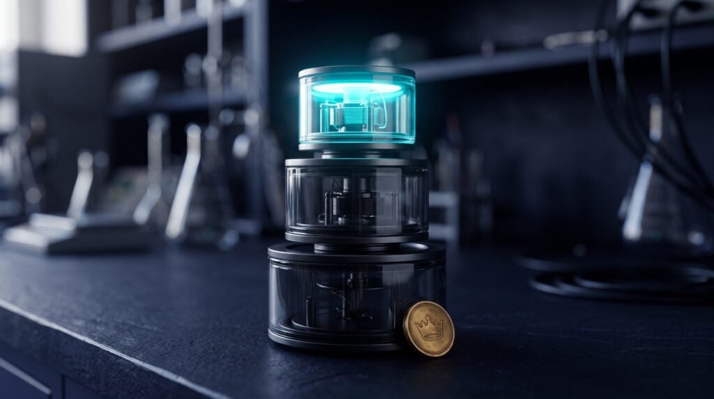 Three stacked glass gauges on a dark indigo bench, the top one lit cyan and the lower two dim, beside a small brass coin