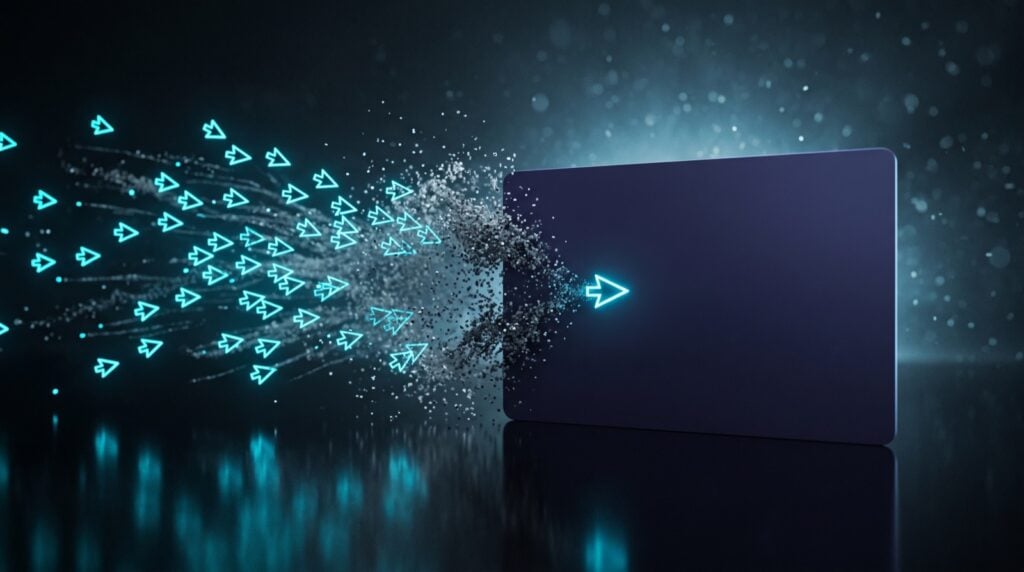 Stream of glowing cursor arrows dissolving into a dark shield