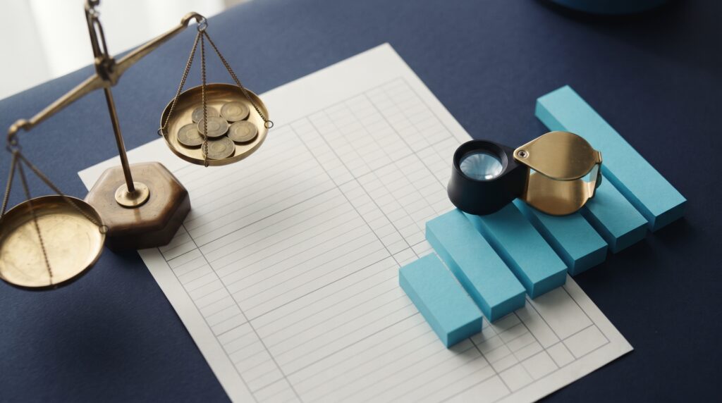 Brass weighing scales beside a printed bar chart cut from cyan card and a magnifying loupe on a dark indigo desk