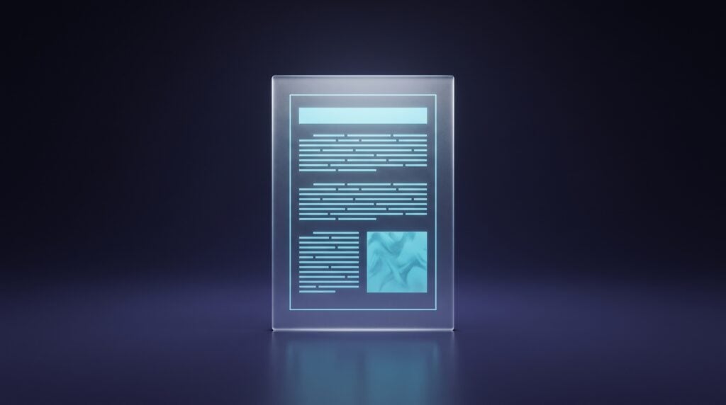 A single sheet of frosted glass standing upright on a dark indigo surface, with cyan light tracing a heading, two paragraphs and an image block etched into it