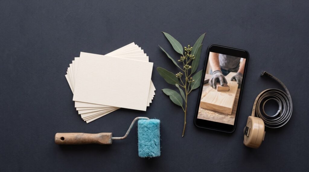 Flat lay of blank cards, a paint roller, eucalyptus leaves and a phone on a dark surface