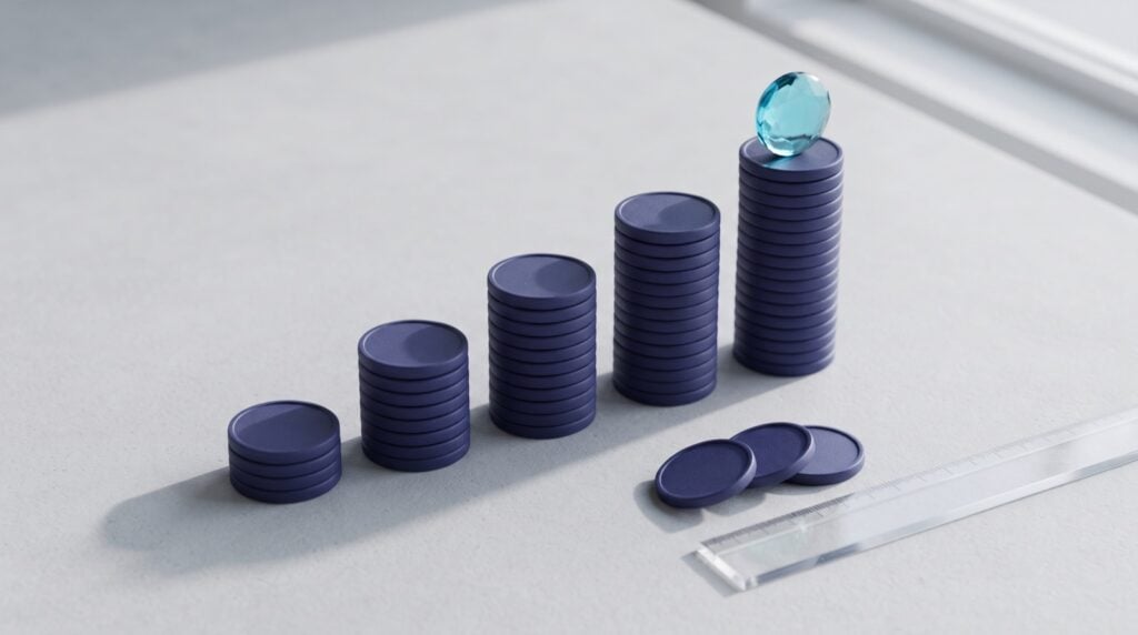 Rising stacks of dark coins with a cyan coin on top