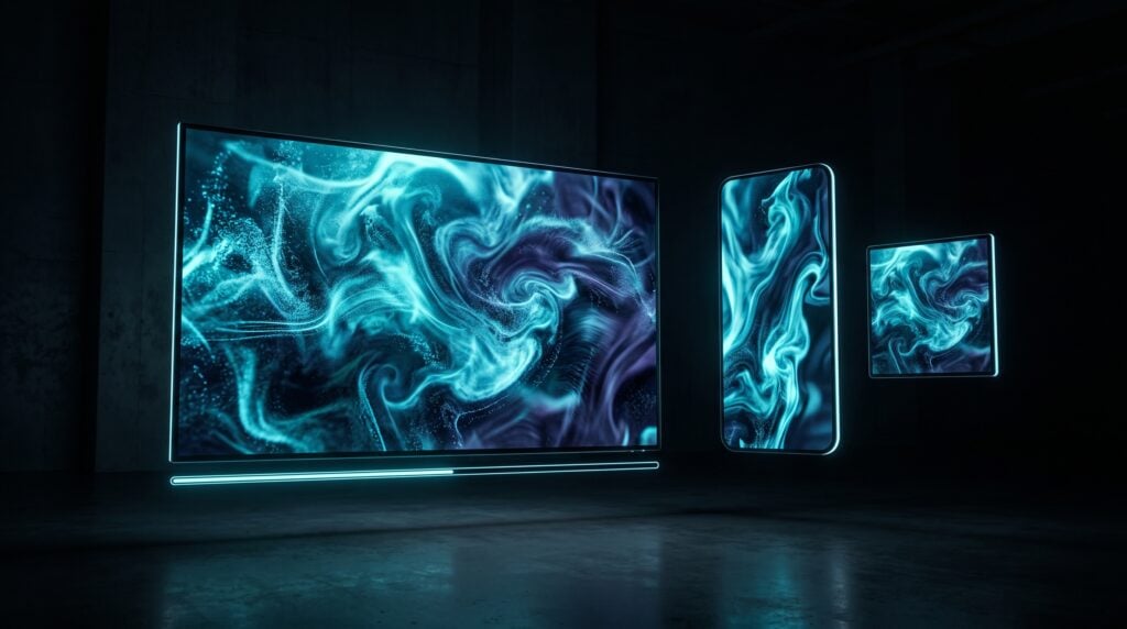 Widescreen display, phone-shaped panel and square panel floating in a dark studio, each showing a different crop of the same cyan and indigo frame