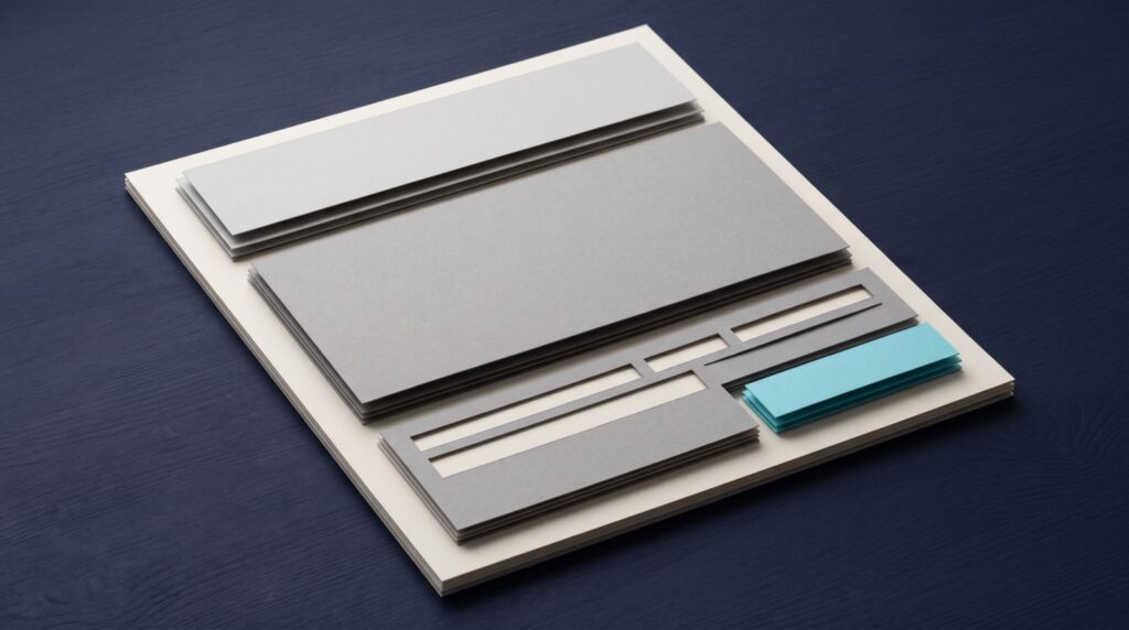 Layered flat rectangles on a dark surface with one cyan highlight, like a page layout