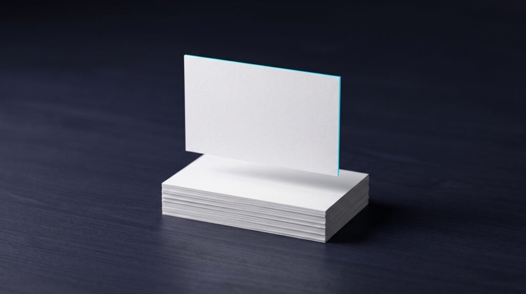 A single white answer card lifted above a stack of plain cards on a dark indigo desk, with a cyan light along its top edge