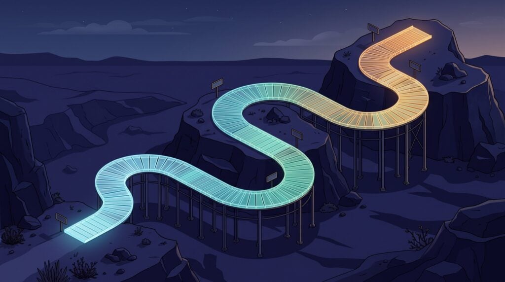 Illustrated winding road across dark hills lit in cyan and orange