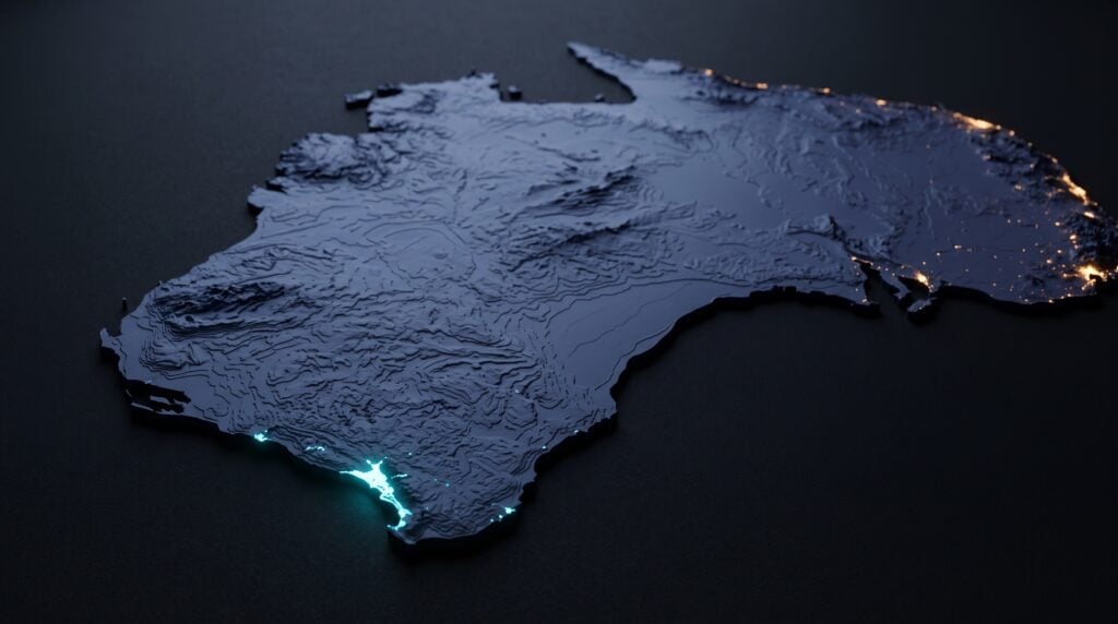 Relief map of Australia with Perth lit on the west coast