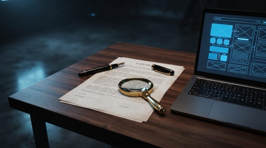 A contract, fountain pen and magnifying glass on a desk beside a laptop showing a website wireframe, illustrating checking a web design agency before signing