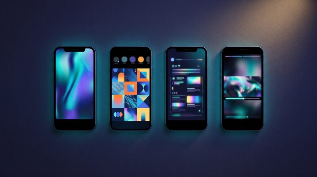 Four phones in a row showing abstract colourful app screens on a dark surface