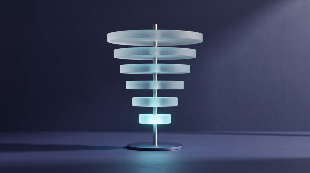 Six glass discs of decreasing size stacked in a vertical column on a dark indigo surface, the smallest lit cyan