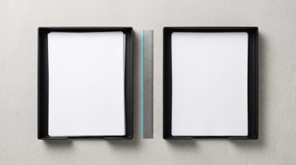 Two blank comparison documents side by side on a dark desk