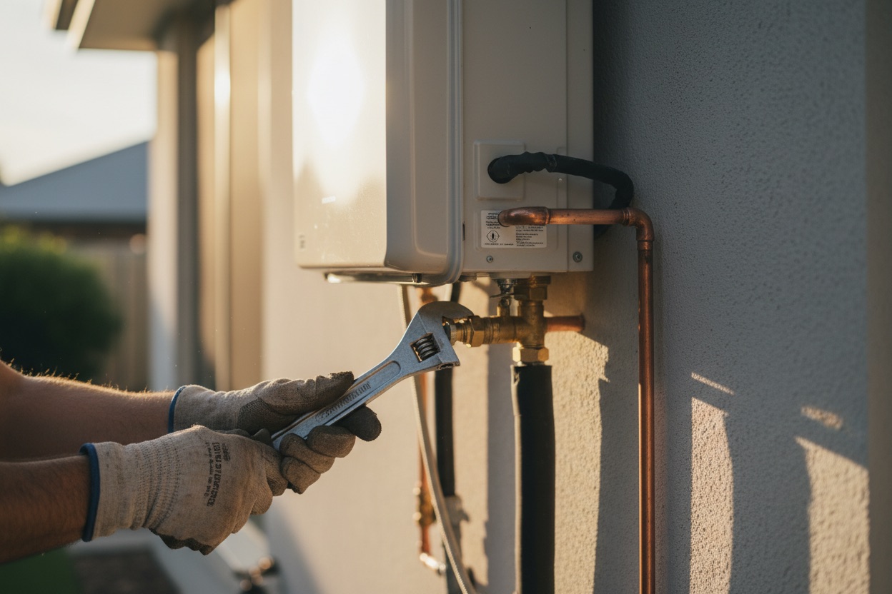 Gas fitter tightening a brass connection on a continuous-flow gas hot water unit