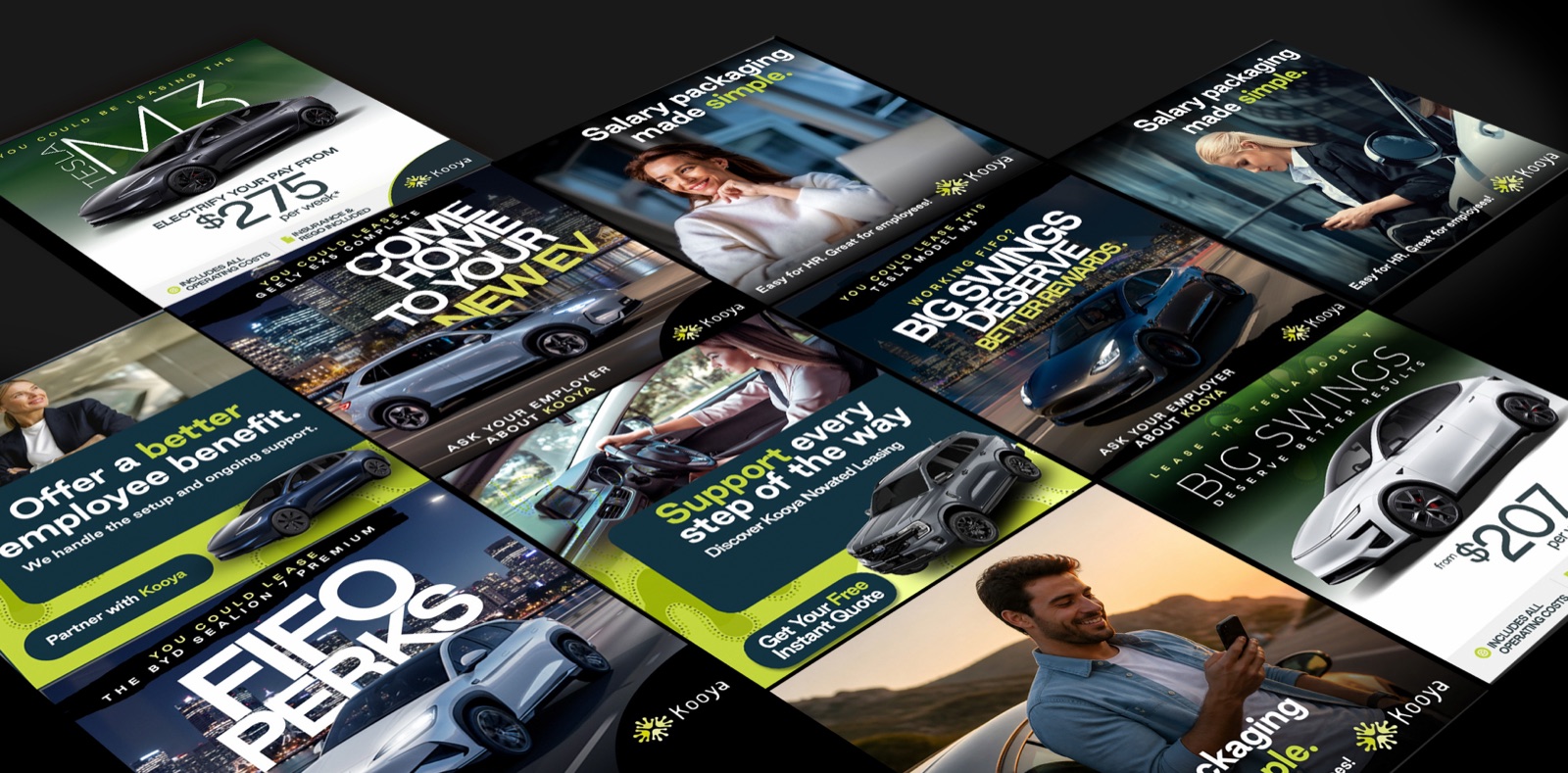 A grid of Kooya social ads for novated leasing: Tesla Model 3 and Model Y, BYD Sealion 7, Salary packaging made simple and FIFO perks
