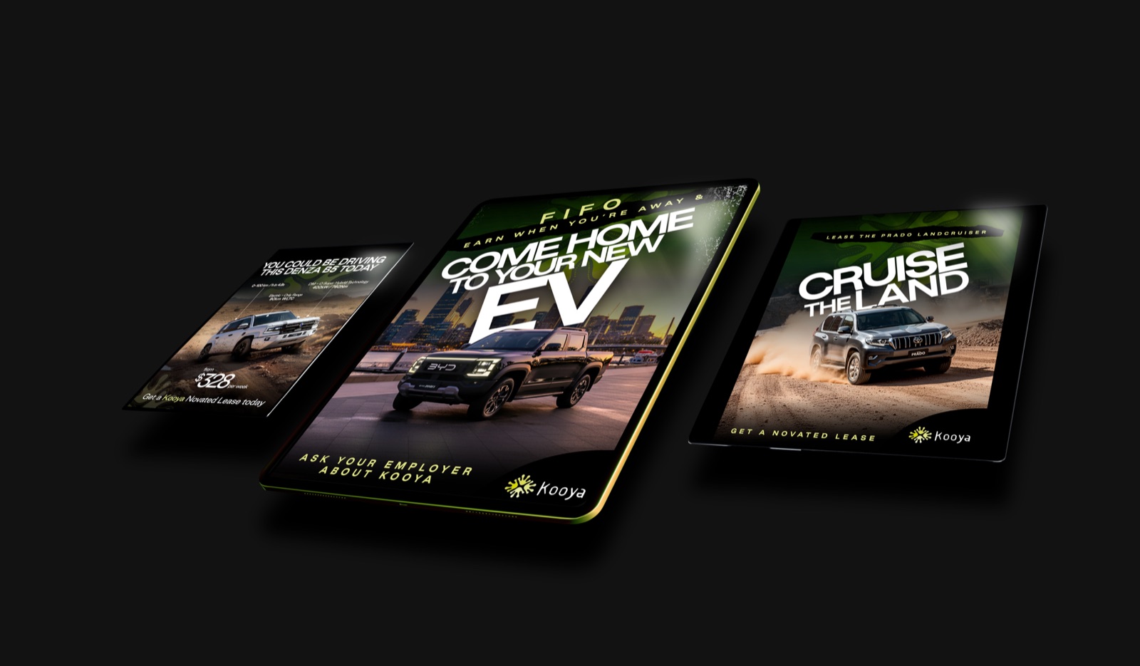 Kooya novated lease ads on tablets: FIFO Come home to your new EV, Cruise the land for the Prado, and the Denza B5 from $328 a week