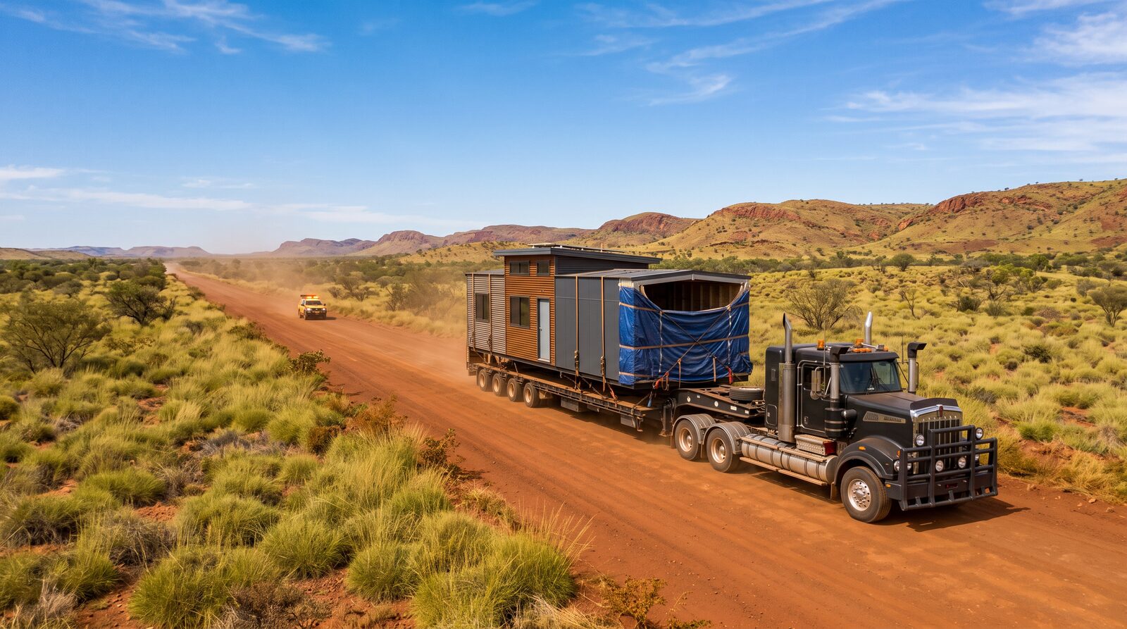 Illustrative image: a modular home section on a low-loader truck travelling a red-dirt road in regional Western Australia