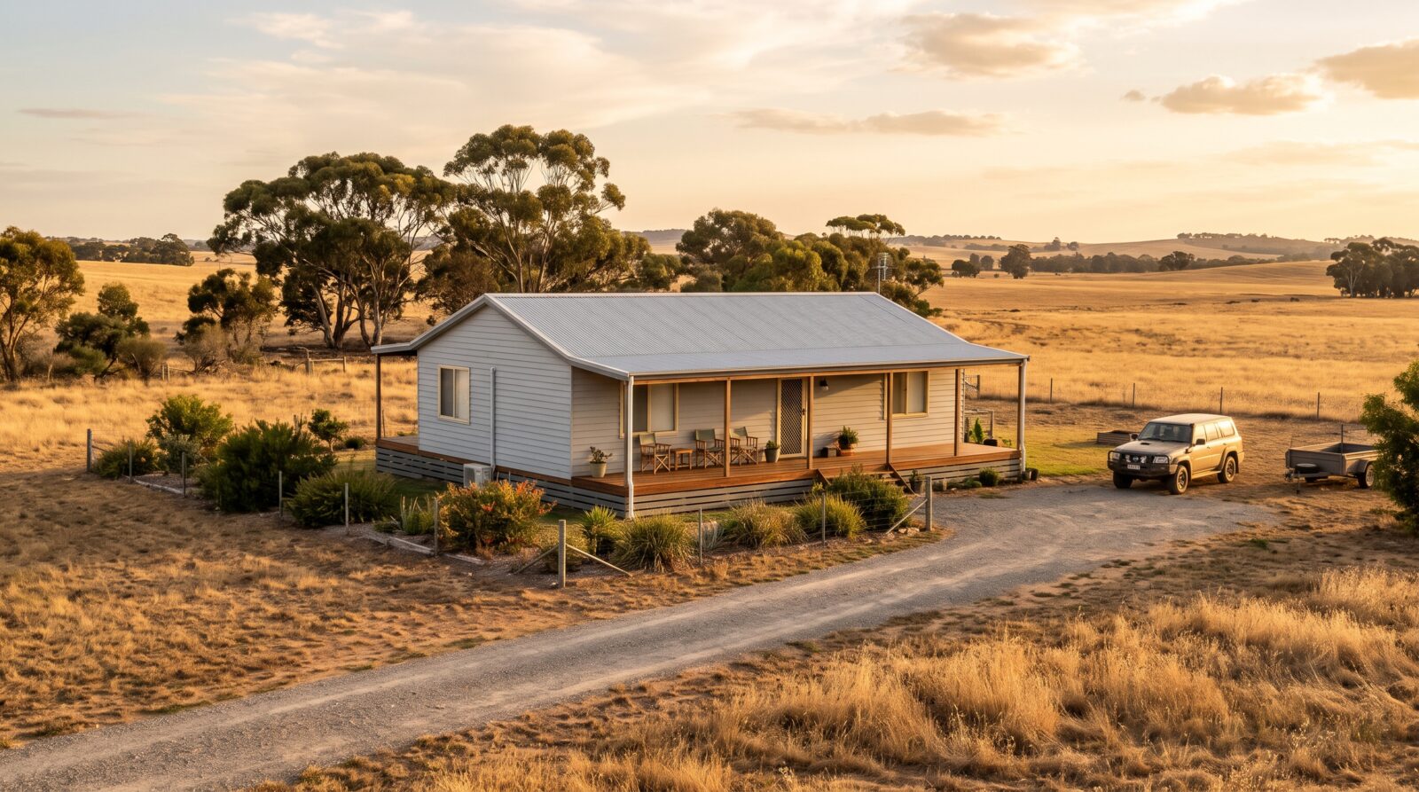 Illustrative image: a single-storey transportable home with a timber verandah on a rural wheatbelt block at golden hour