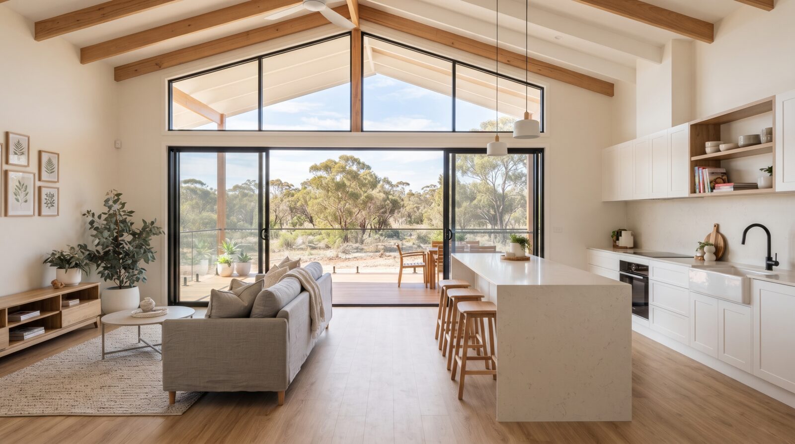 Illustrative image: the bright open-plan living area and kitchen of a newly built modular home, opening onto a verandah and bushland