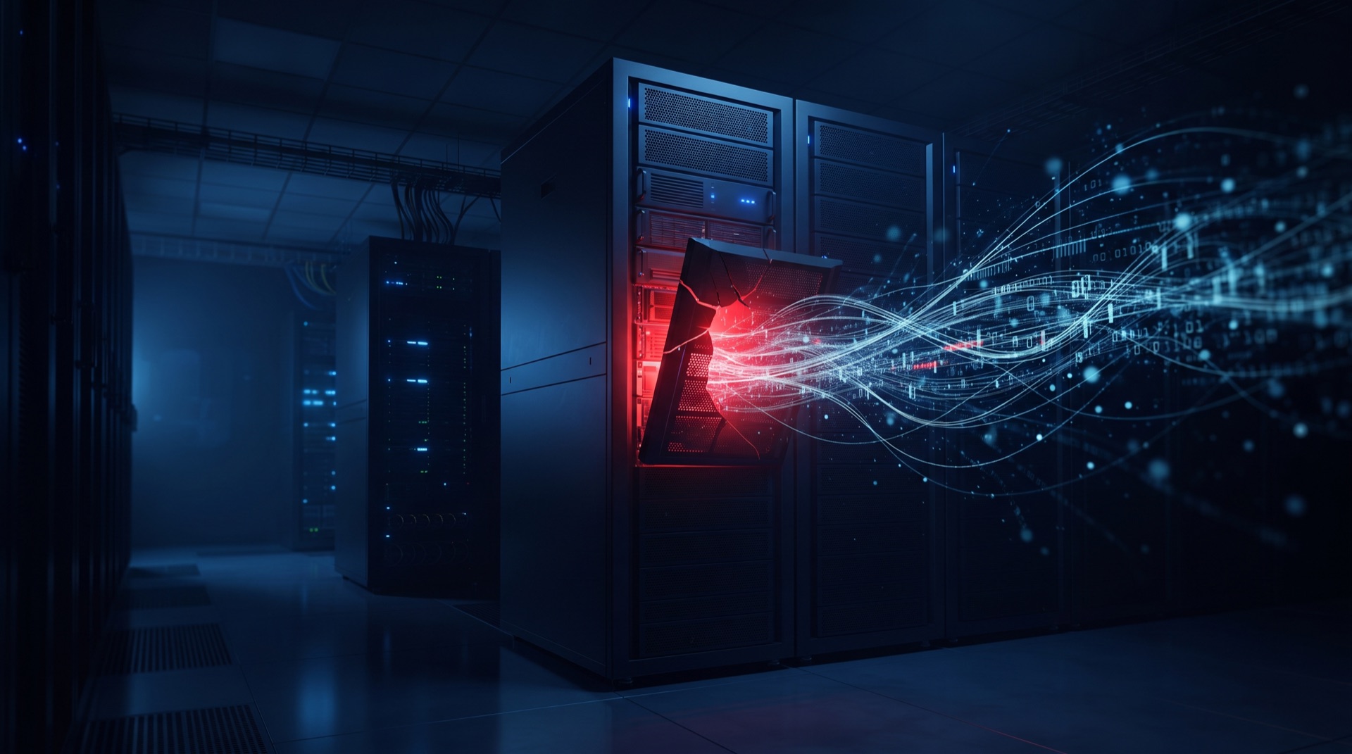A server rack in a dark data centre with one panel torn open and red light and streams of data pouring out